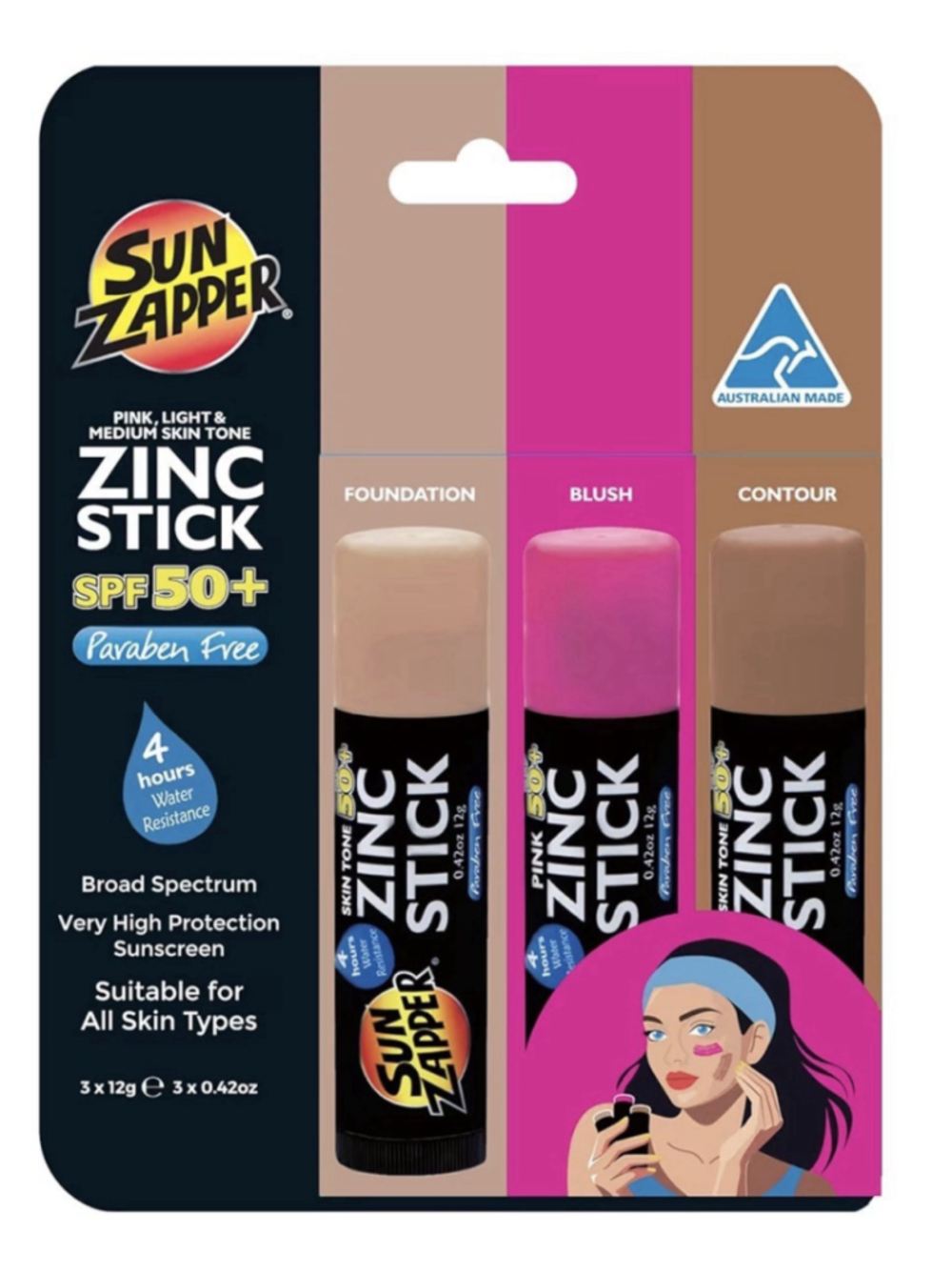 Sun Zapper Zinc Stick SPF 50+ Tinted Sunscreen 3 Pack Light Pink Contour